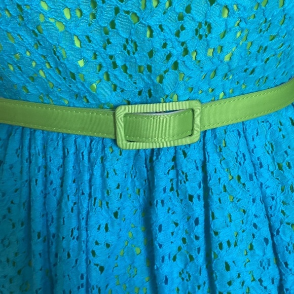 Eliza J. Turquoise & neon green belted lace overlay fit & flare dress. Size 8 - Picture 2 of 8